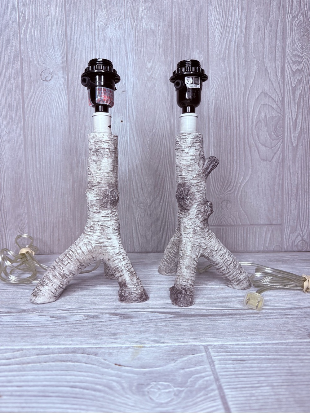 2 Birch Tree Trunk Table Lamps Rustic Cabin Lodge Style boho whimsical lamp